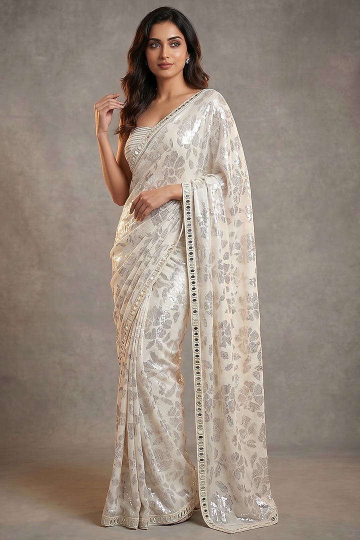 Ivory Georgette Sequin Embroidered Wedding Saree Set by Two Sisters By Gyans at Pernia's Pop Up Shop