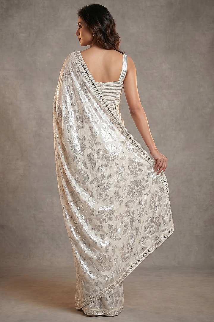 Ivory Georgette Sequin Embroidered Wedding Saree Set by Two Sisters By Gyans at Pernia's Pop Up Shop