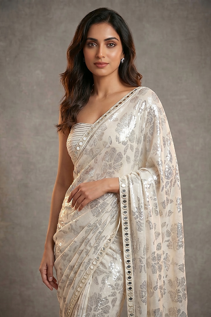 Ivory Georgette Sequin Embroidered Wedding Saree Set by Two Sisters By Gyans at Pernia's Pop Up Shop