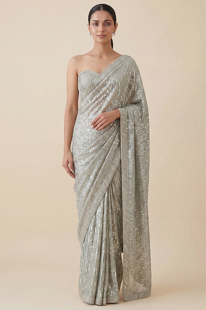 Silver Grey Georgette Sequin Embroidered Party Wear Saree Set by Two Sisters By Gyans at Pernia's Pop Up Shop
