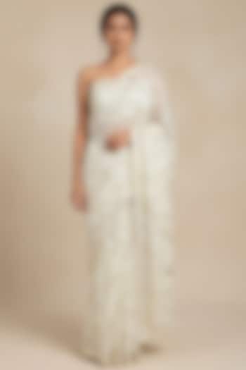 Ivory & Gold Georgette Abstract Sequin Embellished Party Wear Saree Set by Two Sisters By Gyans at Pernia's Pop Up Shop