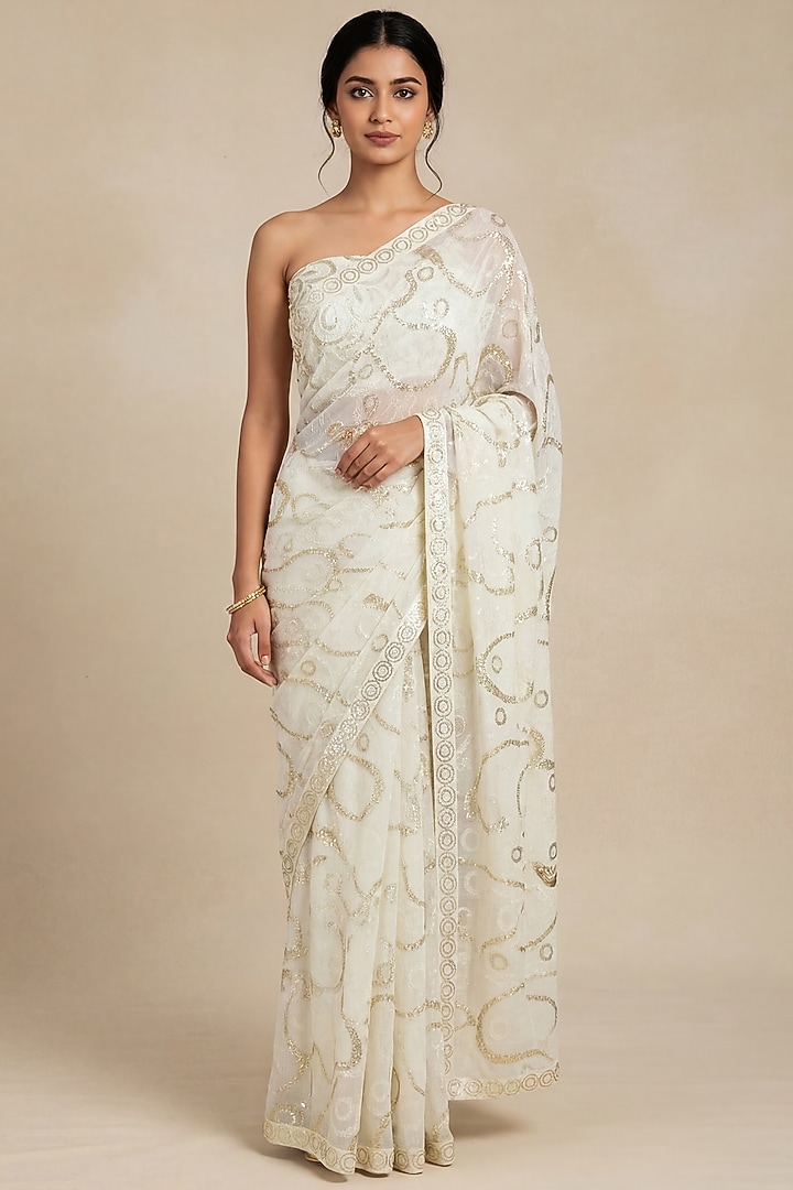 Ivory & Gold Georgette Abstract Sequin Embellished Party Wear Saree Set by Two Sisters By Gyans at Pernia's Pop Up Shop