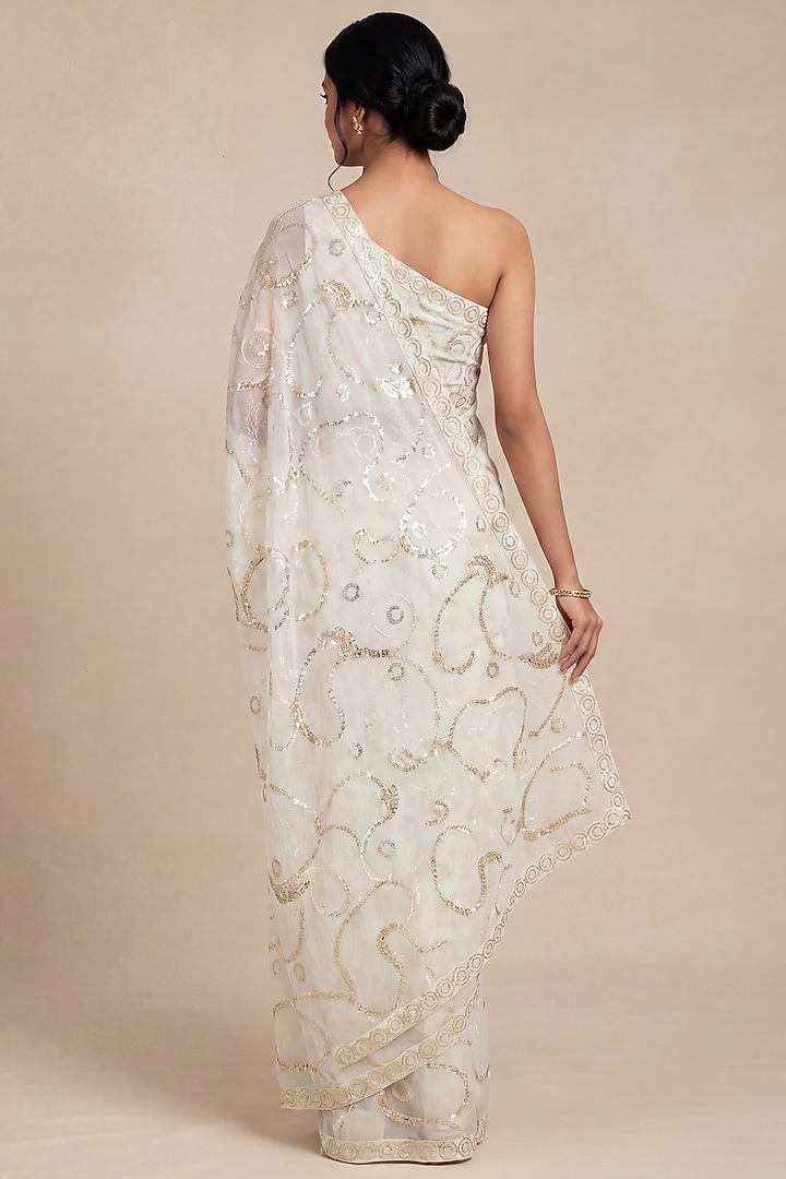 Ivory & Gold Georgette Abstract Sequin Embellished Party Wear Saree Set by Two Sisters By Gyans at Pernia's Pop Up Shop