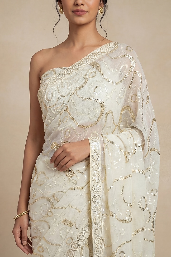 Ivory & Gold Georgette Abstract Sequin Embellished Party Wear Saree Set by Two Sisters By Gyans at Pernia's Pop Up Shop