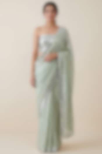 Mint Green Georgette Sequin Embroidered Party Wear Saree Set by Two Sisters By Gyans at Pernia's Pop Up Shop