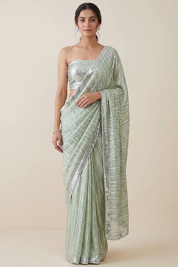 Mint Green Georgette Sequin Embroidered Party Wear Saree Set by Two Sisters By Gyans at Pernia's Pop Up Shop