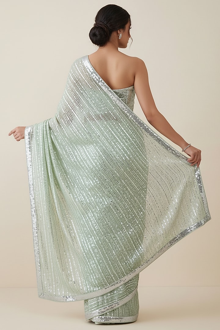 Mint Green Georgette Sequin Embroidered Party Wear Saree Set by Two Sisters By Gyans at Pernia's Pop Up Shop