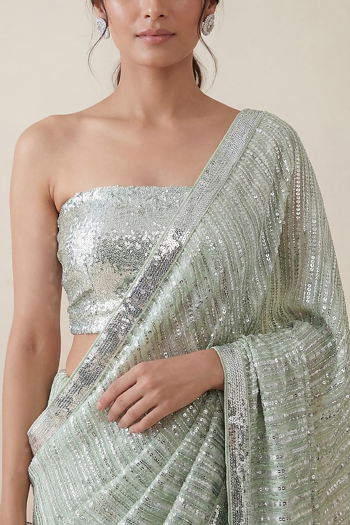 Mint Green Georgette Sequin Embroidered Party Wear Saree Set by Two Sisters By Gyans at Pernia's Pop Up Shop