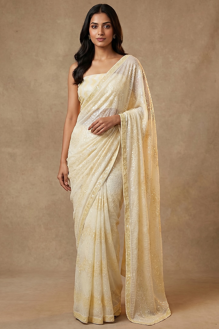 Yellow Dual Shaded Georgette Sequin Embroidered Party Wear Saree Set by Two Sisters By Gyans at Pernia's Pop Up Shop