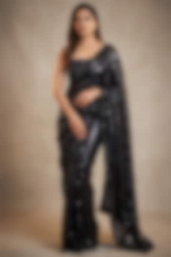 Black Georgette & Net Linear Sequin Embroidered Party Wear Saree Set by Two Sisters By Gyans at Pernia's Pop Up Shop