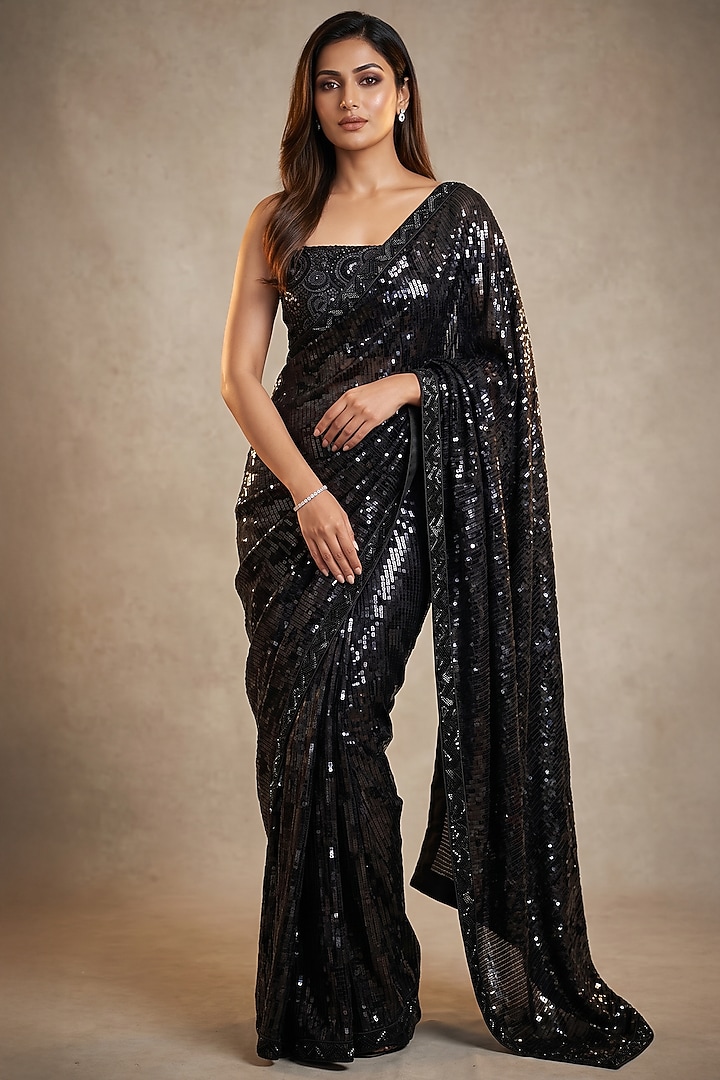 Black Georgette & Net Linear Sequin Embroidered Party Wear Saree Set by Two Sisters By Gyans at Pernia's Pop Up Shop