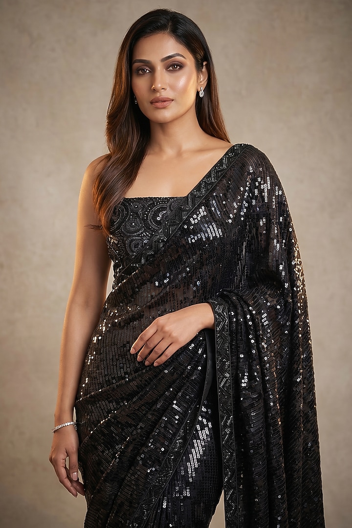 Black Georgette & Net Linear Sequin Embroidered Party Wear Saree Set by Two Sisters By Gyans at Pernia's Pop Up Shop
