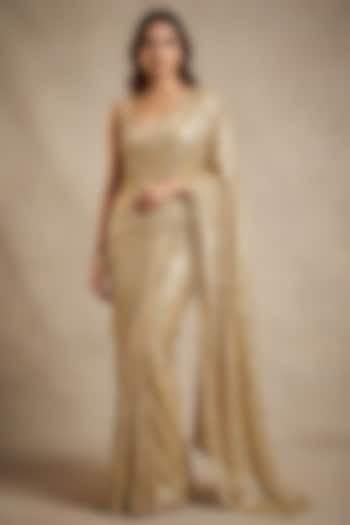 Gold Georgette Sequin Embellished Wedding Saree Set by Two Sisters By Gyans at Pernia's Pop Up Shop