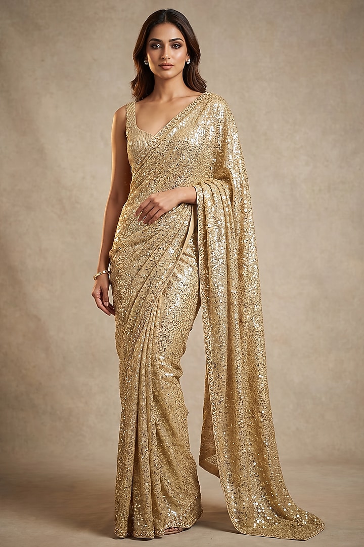 Gold Georgette Sequin Embellished Wedding Saree Set by Two Sisters By Gyans at Pernia's Pop Up Shop
