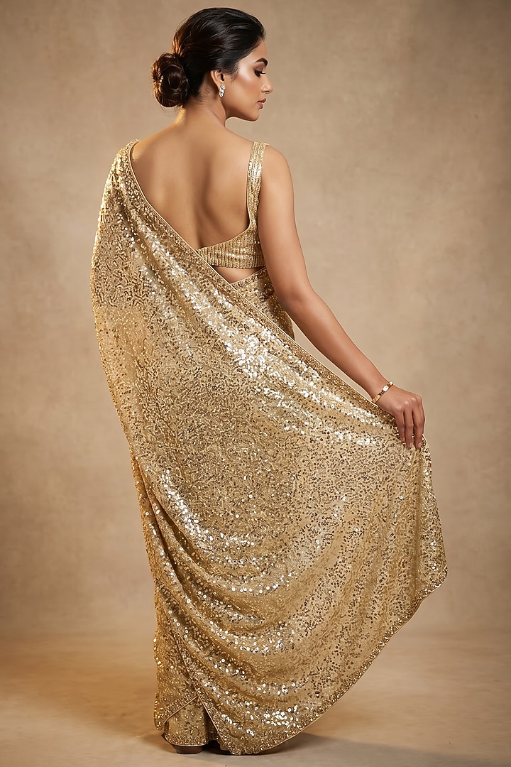 Gold Georgette Sequin Embellished Wedding Saree Set by Two Sisters By Gyans at Pernia's Pop Up Shop