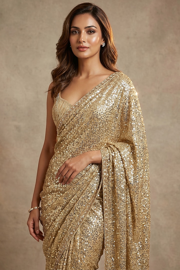 Gold Georgette Sequin Embellished Wedding Saree Set by Two Sisters By Gyans at Pernia's Pop Up Shop