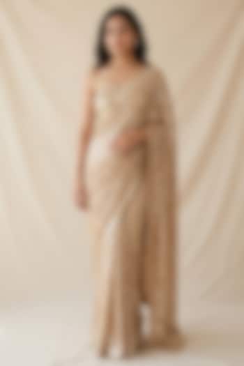 Gold Georgette & Net Zigzag Sequin Embroidered Party Wear Saree Set by Two Sisters By Gyans at Pernia's Pop Up Shop