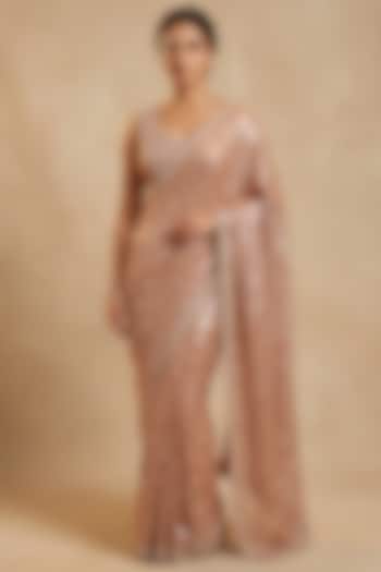 Peach Georgette Sequin Embroidered Party Wear Saree Set by Two Sisters By Gyans at Pernia's Pop Up Shop