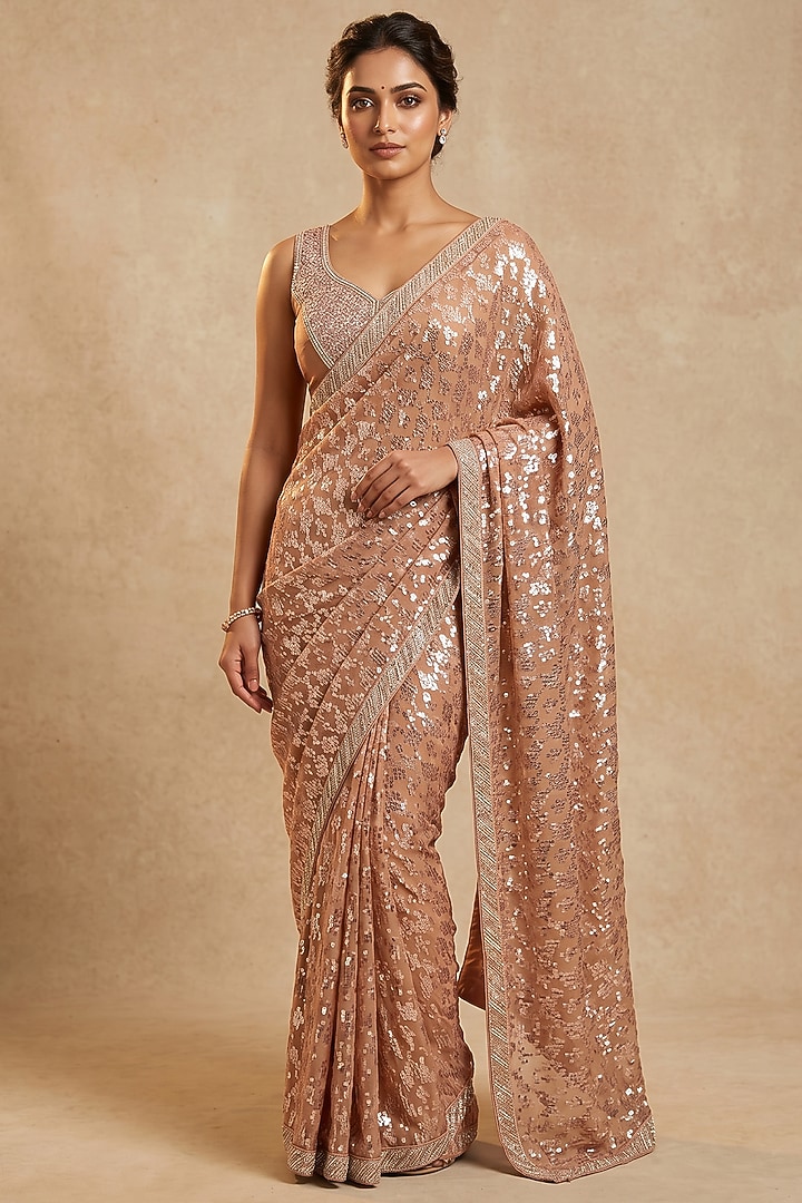 Peach Georgette Sequin Embroidered Party Wear Saree Set by Two Sisters By Gyans at Pernia's Pop Up Shop