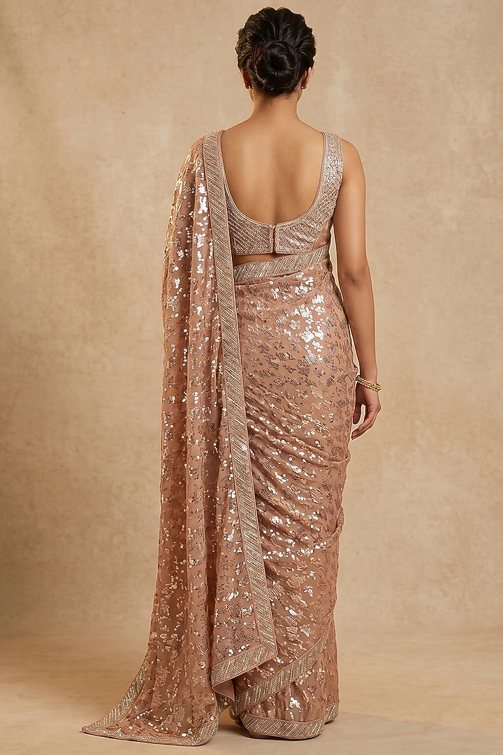 Peach Georgette Sequin Embroidered Party Wear Saree Set by Two Sisters By Gyans at Pernia's Pop Up Shop