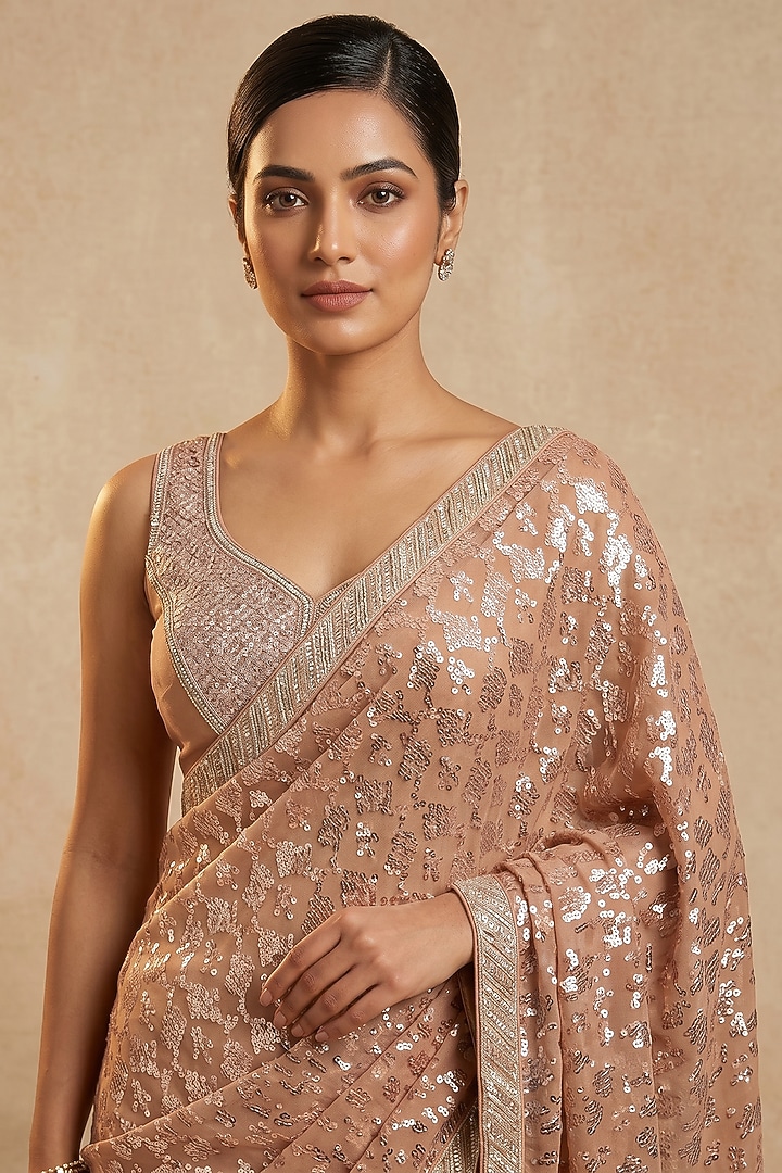Peach Georgette Sequin Embroidered Party Wear Saree Set by Two Sisters By Gyans at Pernia's Pop Up Shop