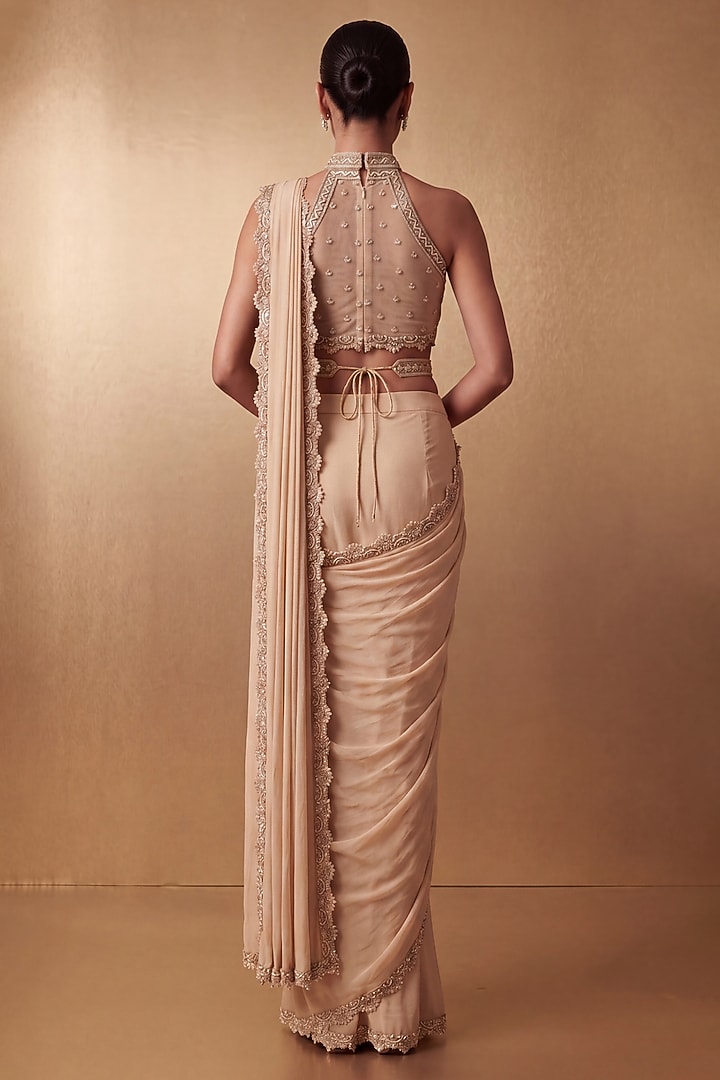 Champagne Gold Georgette Pearl Hand Embroidered Pre-Draped Wedding Saree Set by Two Sisters By Gyans at Pernia's Pop Up Shop