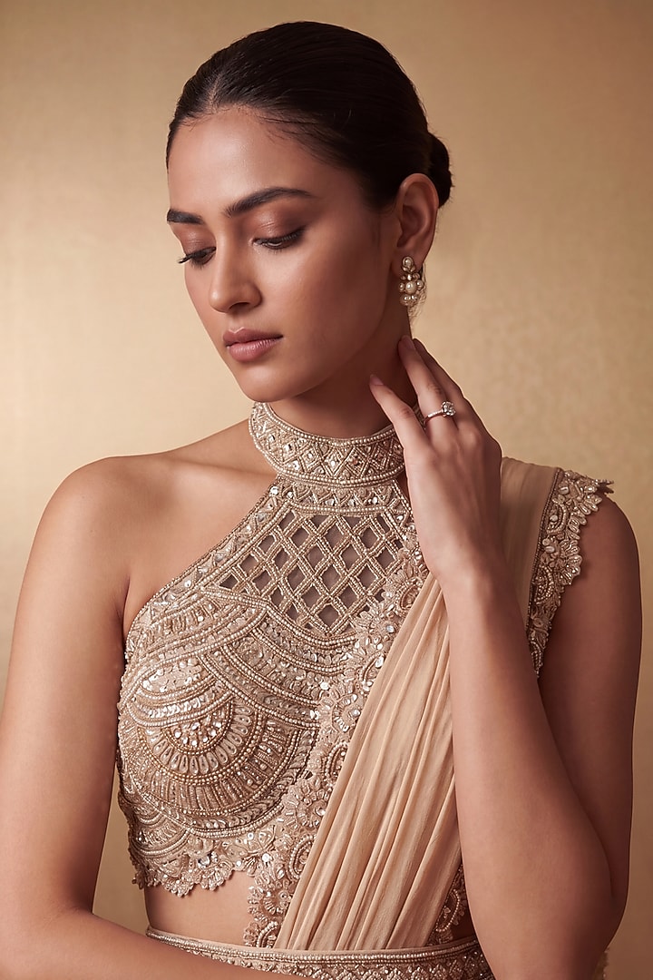 Champagne Gold Georgette Pearl Hand Embroidered Pre-Draped Wedding Saree Set by Two Sisters By Gyans at Pernia's Pop Up Shop