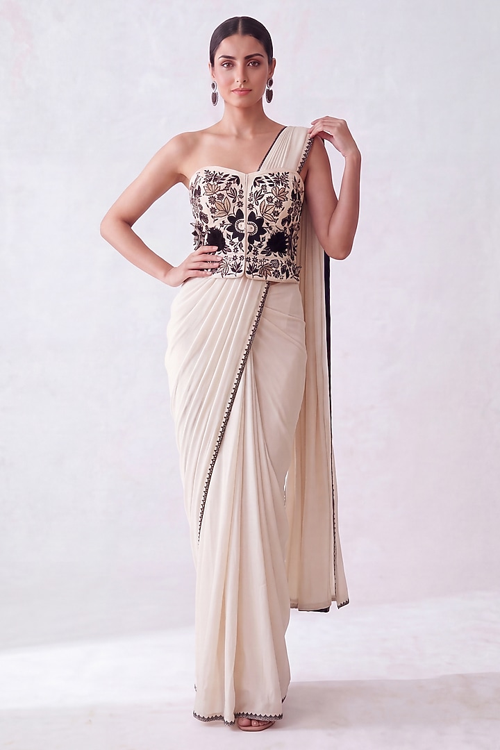 Cream Lycra Thread Embroidered Pre-Draped Wedding Saree Set by Two Sisters By Gyans at Pernia's Pop Up Shop
