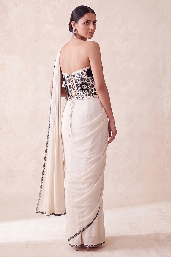 Cream Lycra Thread Embroidered Pre-Draped Wedding Saree Set by Two Sisters By Gyans at Pernia's Pop Up Shop
