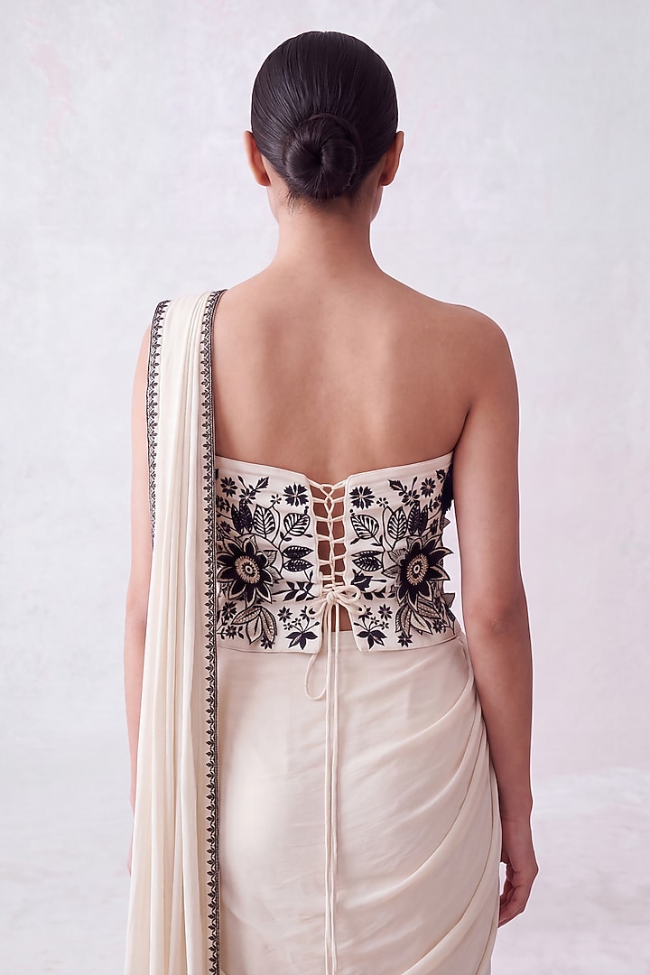 Cream Lycra Thread Embroidered Pre-Draped Wedding Saree Set by Two Sisters By Gyans at Pernia's Pop Up Shop