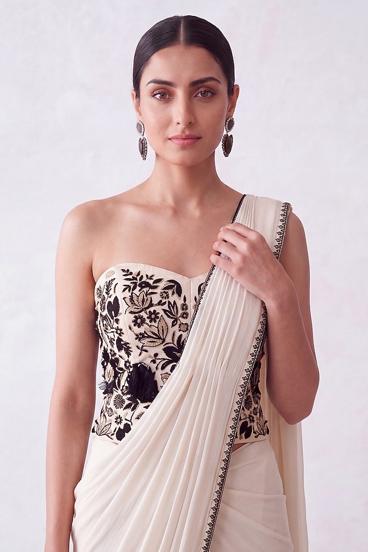 Cream Lycra Thread Embroidered Pre-Draped Wedding Saree Set by Two Sisters By Gyans at Pernia's Pop Up Shop