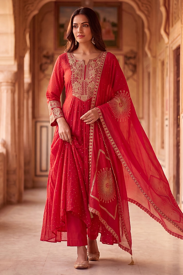 Crimson Red Mulmul Chanderi Zari Embroidered Kurta Set by Two Sisters By Gyans at Pernia's Pop Up Shop