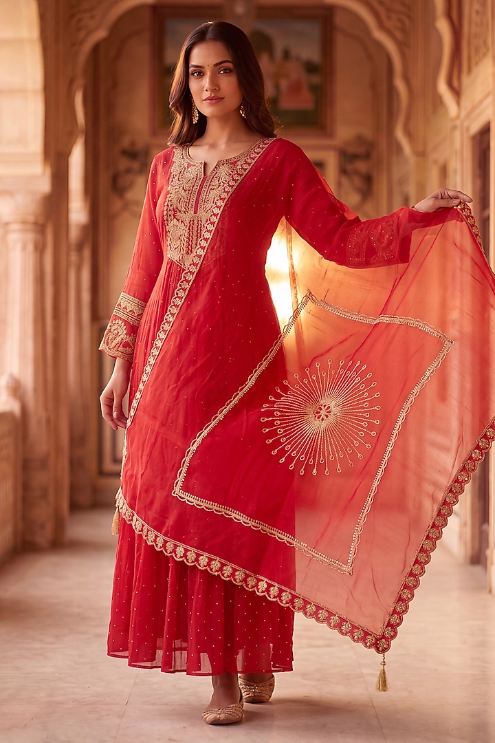 Crimson Red Mulmul Chanderi Zari Embroidered Kurta Set by Two Sisters By Gyans at Pernia's Pop Up Shop