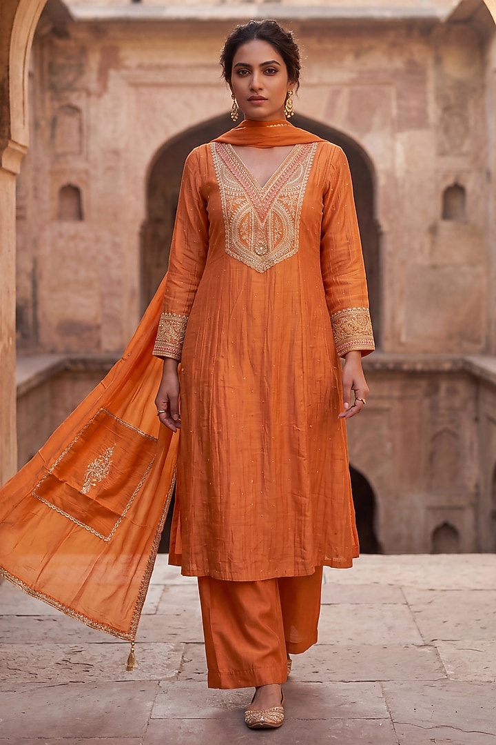 Rust Orange Mulmul Chanderi Zari Embroidered Kurta Set by Two Sisters By Gyans at Pernia's Pop Up Shop