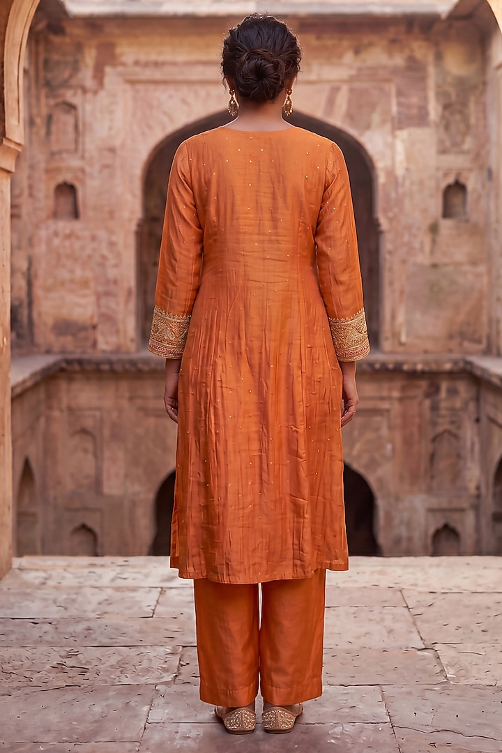Rust Orange Mulmul Chanderi Zari Embroidered Kurta Set by Two Sisters By Gyans at Pernia's Pop Up Shop