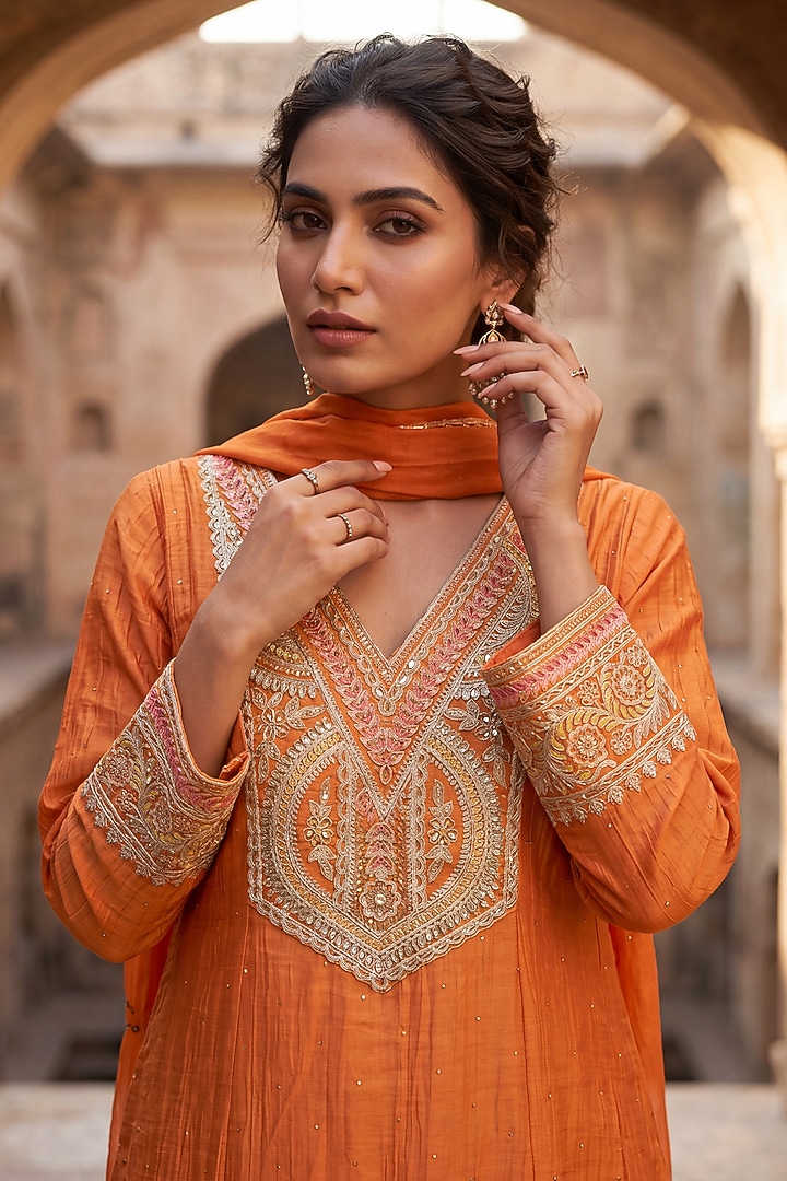 Rust Orange Mulmul Chanderi Zari Embroidered Kurta Set by Two Sisters By Gyans at Pernia's Pop Up Shop