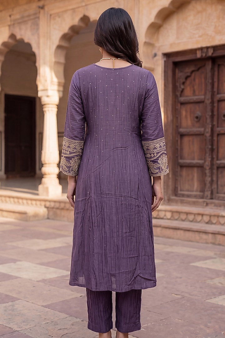 Purple Mulmul Chanderi Zari Embroidered Kurta Set by Two Sisters By Gyans at Pernia's Pop Up Shop