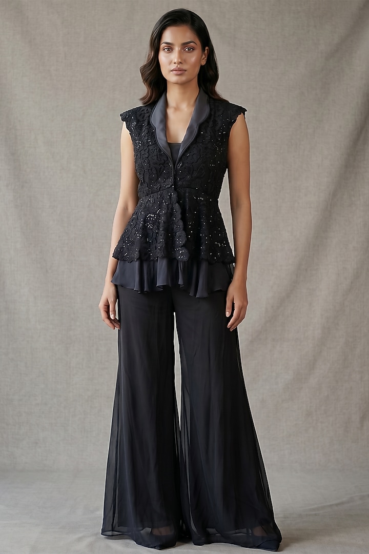 Black Georgette Sequin & Thread Embroidered Party Wear Sharara Set by Two Sisters By Gyans at Pernia's Pop Up Shop