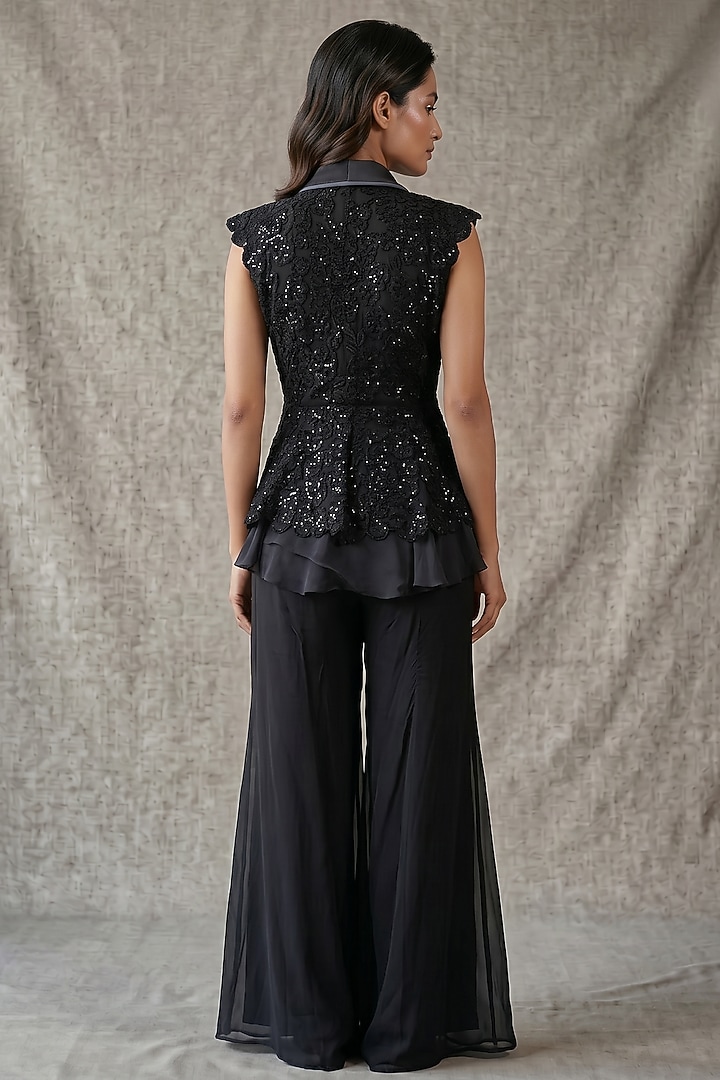 Black Georgette Sequin & Thread Embroidered Party Wear Sharara Set by Two Sisters By Gyans at Pernia's Pop Up Shop