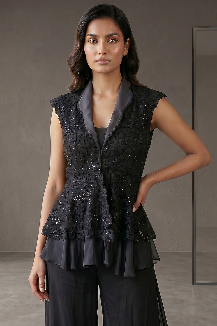 Black Georgette Sequin & Thread Embroidered Party Wear Sharara Set by Two Sisters By Gyans at Pernia's Pop Up Shop