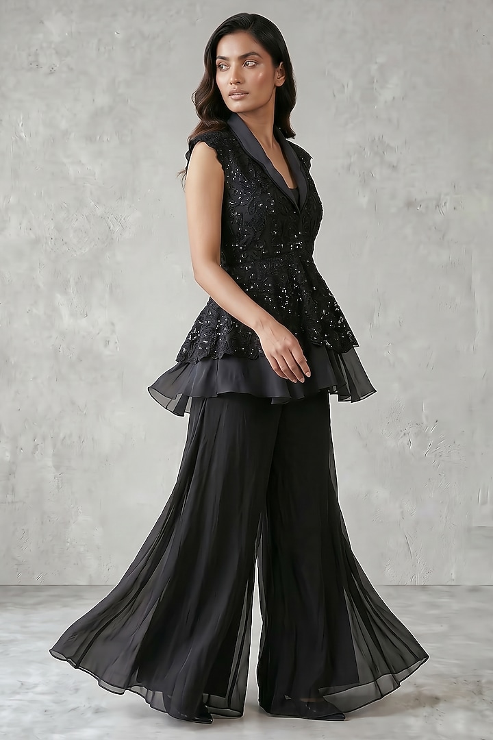 Black Georgette Sequin & Thread Embroidered Party Wear Sharara Set by Two Sisters By Gyans at Pernia's Pop Up Shop