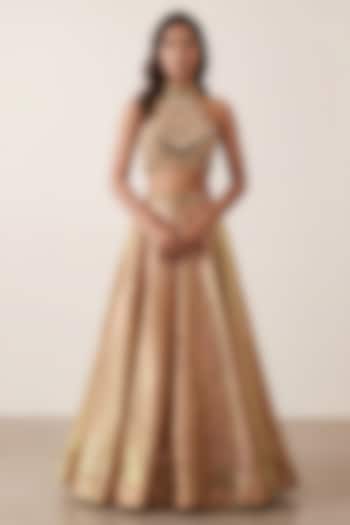 Gold Shimmer Tissue Geometric Sequin & Crystal Embroidered Wedding Lehenga Set by Two Sisters By Gyans at Pernia's Pop Up Shop