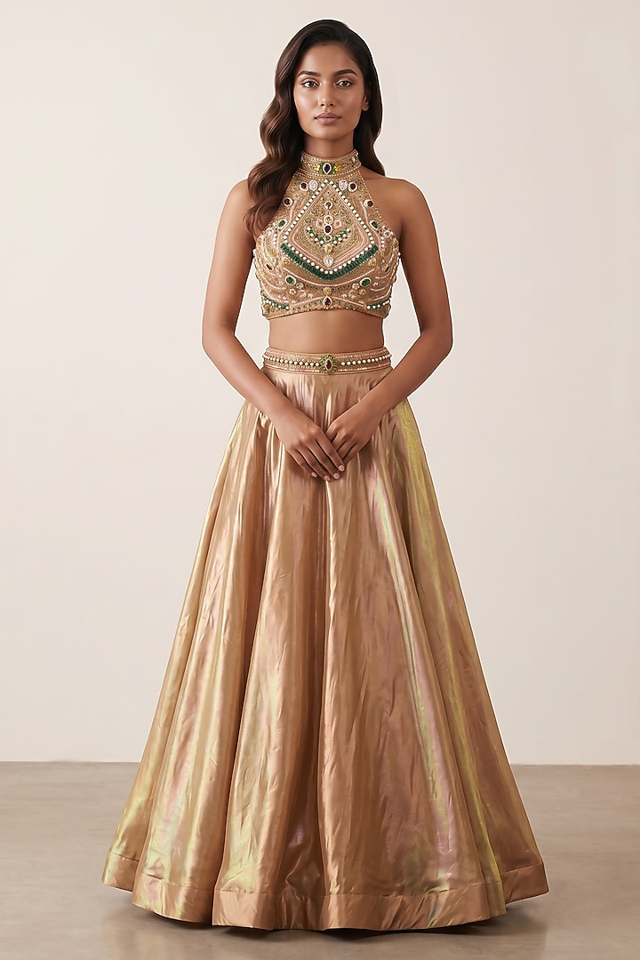 Gold Shimmer Tissue Geometric Sequin & Crystal Embroidered Wedding Lehenga Set by Two Sisters By Gyans at Pernia's Pop Up Shop