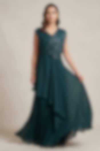 Teal Green Georgette Sequin Embroidered Draped Gown by Two Sisters By Gyans at Pernia's Pop Up Shop