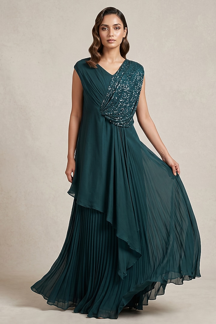 Teal Green Georgette Sequin Embroidered Draped Gown by Two Sisters By Gyans at Pernia's Pop Up Shop