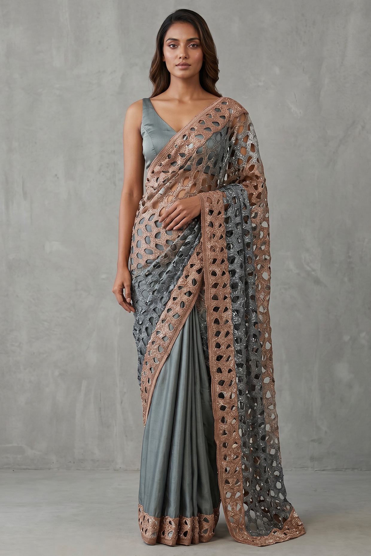 Two Sisters By Gyans Blue & Grey Silk Cutwork Saree Set