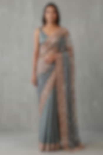 Blue & Grey Silk Cutwork Wedding Saree Set by Two Sisters By Gyans at Pernia's Pop Up Shop