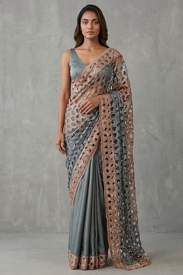 Blue & Grey Silk Cutwork Wedding Saree Set by Two Sisters By Gyans at Pernia's Pop Up Shop