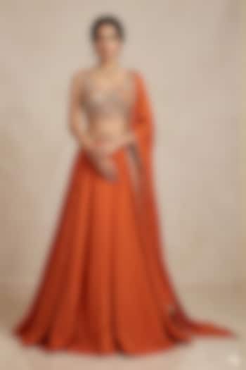 Deep Orange Georgette Embroidered Lehenga Set by Two Sisters By Gyans at Pernia's Pop Up Shop