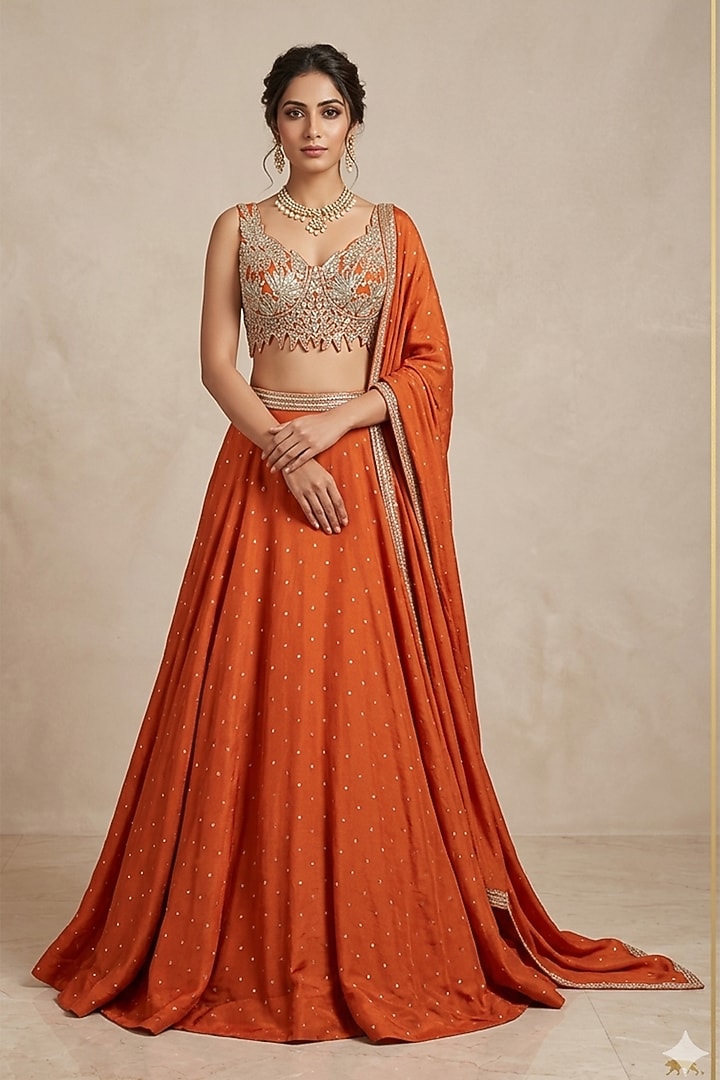 Deep Orange Georgette Embroidered Lehenga Set by Two Sisters By Gyans at Pernia's Pop Up Shop